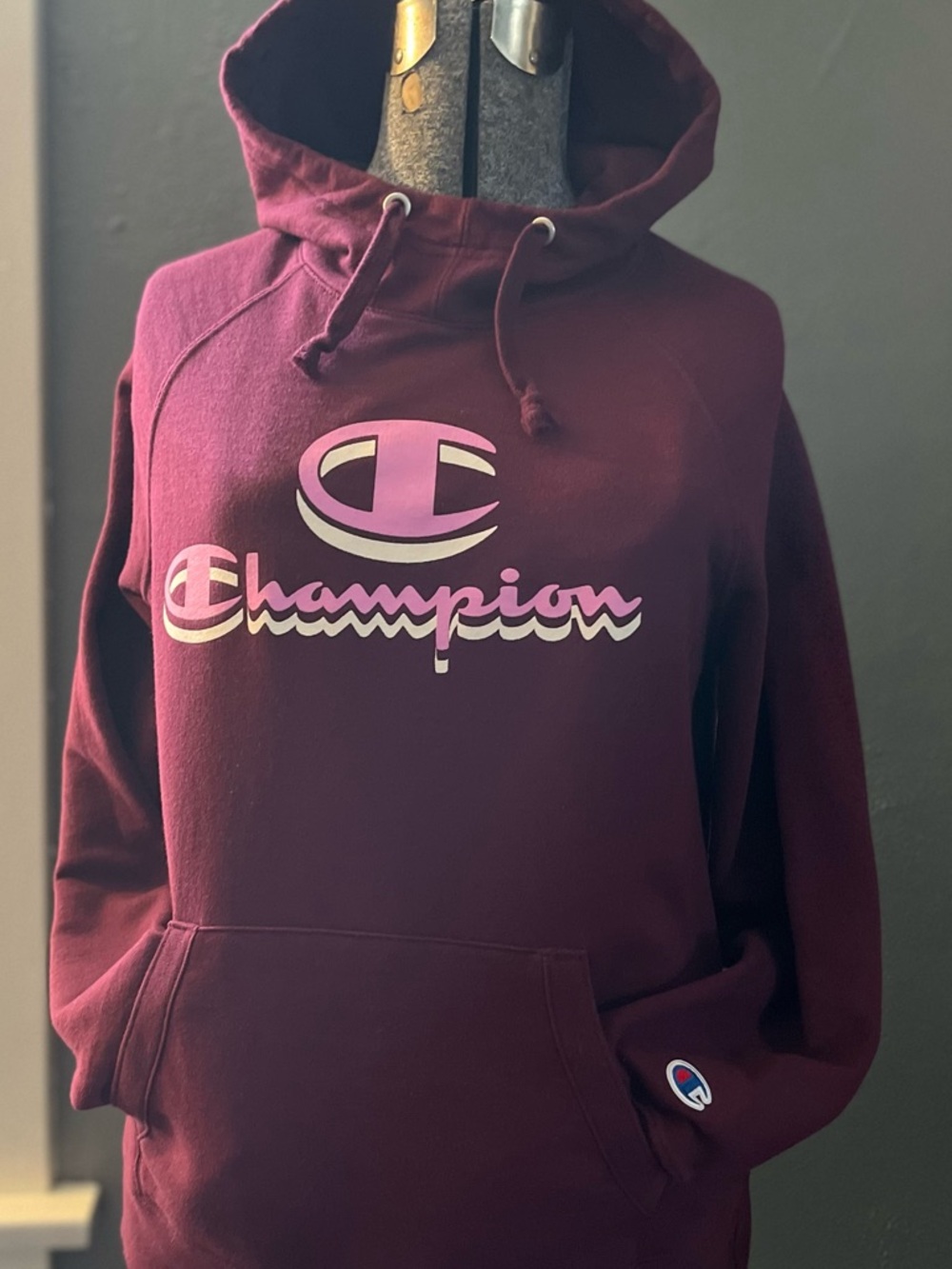 Champion Women's Maroon Hoodie with Pink Logo